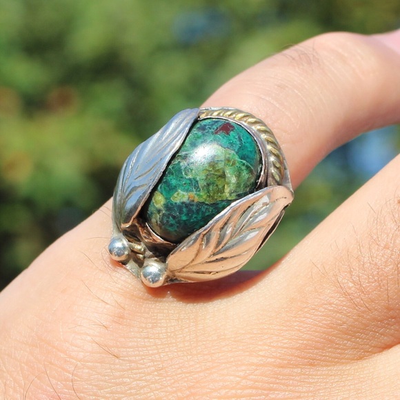 Vintage Green Chrysocolla Sterling Silver Leaf Statement Ring Size 5.5 Mexican - Picture 7 of 8